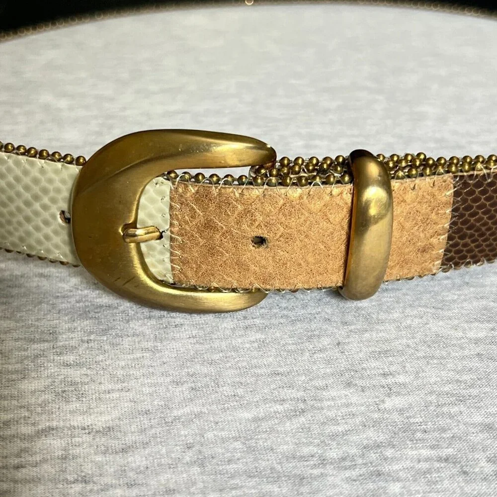 Elite Womens Belt Large Tan Patchwork Metallic Snake Reptile Textured Leather 1